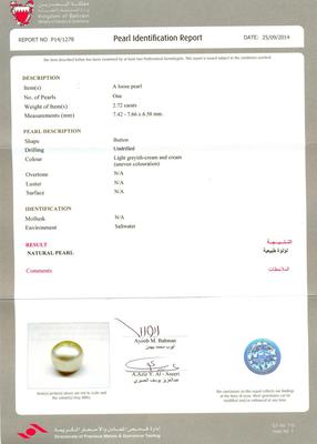 Certificate - Natural Pearl - 2.72 carat