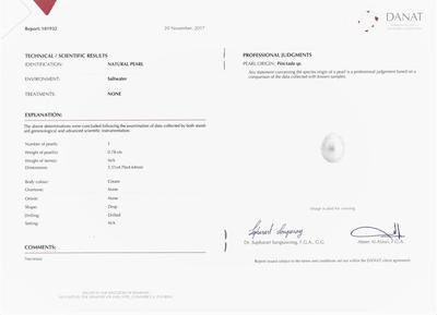 Certificate - Natural Basra Pearl Attached to an 18k Gold Chain