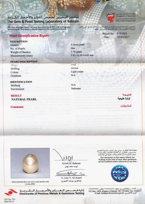 Certificate - Natural Basra Pearl Attached to an 18k Gold Chain