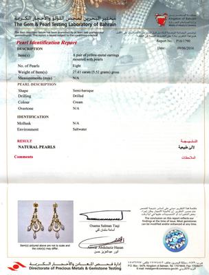 Certificate: Natural Basra Pearl Dangle Earrings