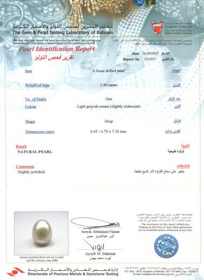 Natural Basra Pearl Drop Pendant Certificate