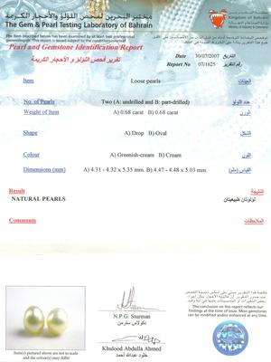 Certificate Natural Basra Pearls