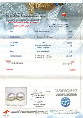 Natural Basra Pearl Earrings Certificate