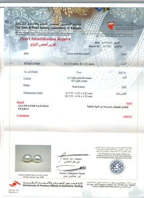 Natural Basra Pearl Earrings in White Gold - Certificate