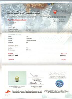 Natural  Basra Pearl Certificate