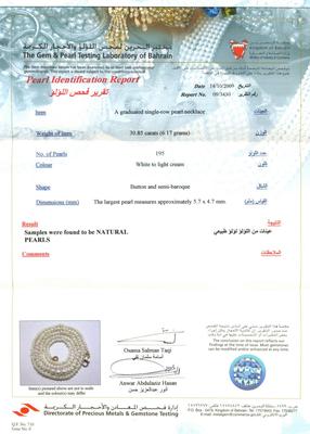 Natural Basra Pearl Necklace Certificate