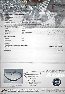 Certificate - Natural Basra Pearl Necklace High Quality Roundish Pearls 64 carats