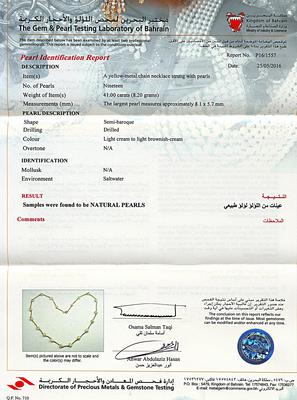 Natural Basra Pearl Necklace on 18k Gold - 41 carats for Sale - Certificate