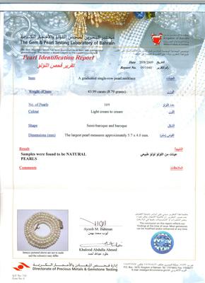 Natural Basra Pearl Necklace Strand - 43.99 carats - certificate