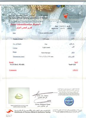 Natural Basra Pearl Pendant  - Certificate