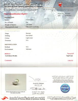 Natural Basra Pearl Pendant Certificate