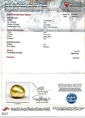 Certificate Natural Basra Pearl Pendant 2.21ct with Diamonds