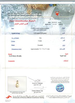 Natural Basra Pearl Pendant - 7mm Near Round Shaped - Certificate