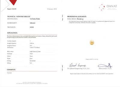 Certificate Natural Basra Pearl Pendant with Diamonds and Yellow Gold