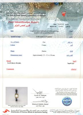 Natural Basra Pearl Ring Certificate
