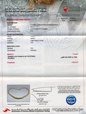 Certificate: Natural Basra Pearl Three Row Twisted Necklace Certificate: Natural Basra Pearl Three Row Twisted Necklace