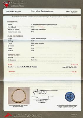 Certificate - Natural Basra Pearl Twist Bracelet - Persian Gulf Pearls