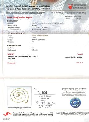 Certificate Natural Basra Persian Gulf Pearl Necklace on 21k Gold