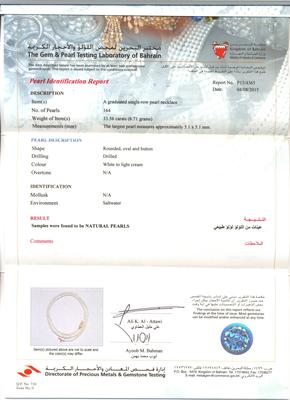 Natural Basra Saltwater Pearl Necklace Strand Certificate