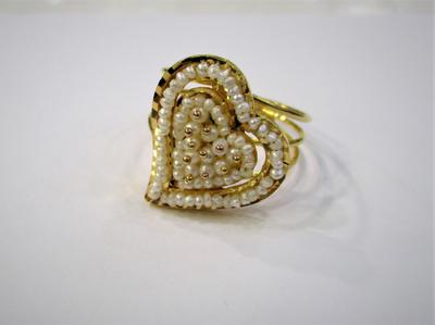 Natural Basra Seed Pearls Ring Heart Shape 21k Gold