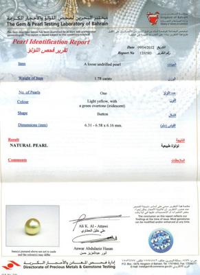 Natural Iridescent Basra Pearl 1.78 carat Certificate