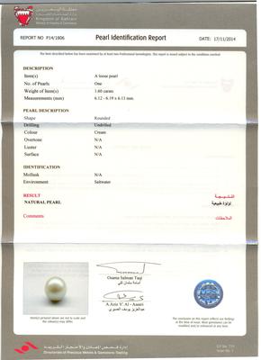 1.60 ct loose Basra pearl certificate