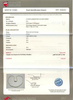 Certificate for 70.45ct natural pearl necklace