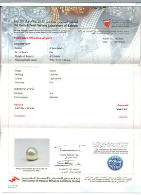 4.29 carat Basra Pearl - certificate