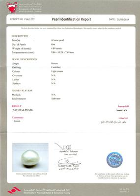 Certificate - natural pearl 4.89 carats