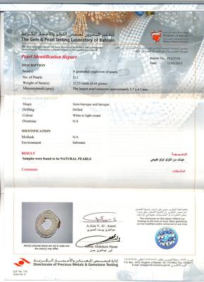 Natural Pearl Necklace of Basra Pearls - certificate