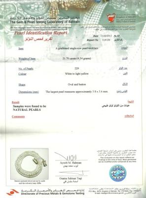 Natural pearl necklace certificate