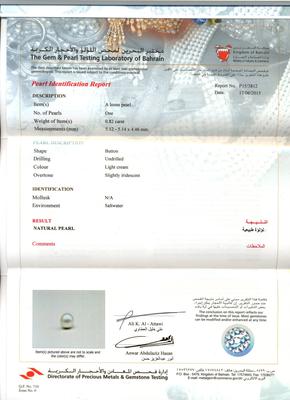 Natural Pearl Pendant with Diamonds in White Gold Certificate