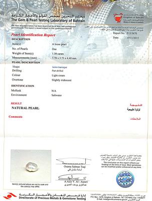 Certificate - Natural Persian Gulf Basra Pearl Pendant