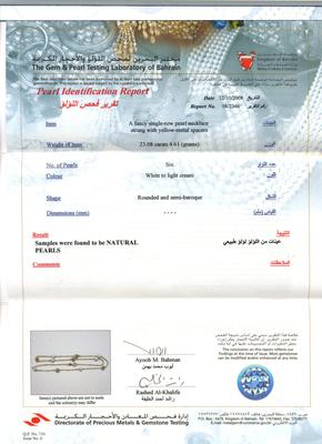 Natural Persian Gulf Pearl Necklace on 18K Gold - certificate