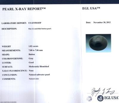 Natural Saltwater Gray Pearl and Diamond Ring Certificate