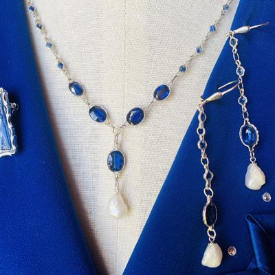 Natural USA Pearl with Sapphires and Kyanites Necklace & Earrings