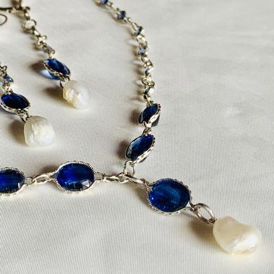 Natural USA Pearl with Sapphires and Kyanites Necklace & Earrings