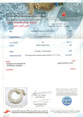 Necklace of Natural Basra Pearls Certificate
