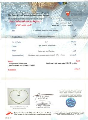 Necklace of Rare Basra Natural Pearls Certificate