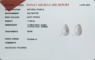 Pair Basra Natural Pearls Drop Shape 17.96 Carat Total 15mm