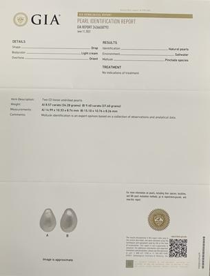 Pair Basra Natural Pearls Drop Shape 17.96 Carat Total 15mm