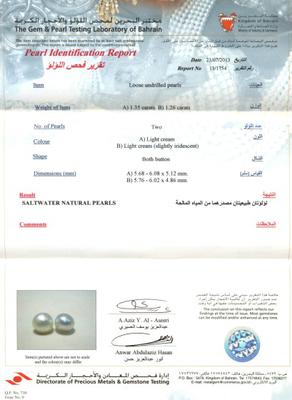 Certificate for Pair Natural Basra Pearls  2+carats