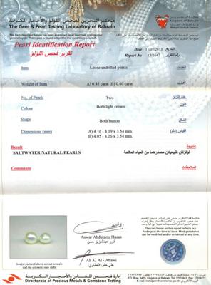 Pair of Basra Natural Pearls Certificate