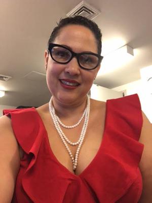 My friend in her pearl rope necklace.