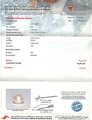 Certificate - Persian Gulf Natural Pearl Necklace on 18K Gold
