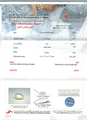 Salt Water Natural Basra Pearl Pendant - Certificate