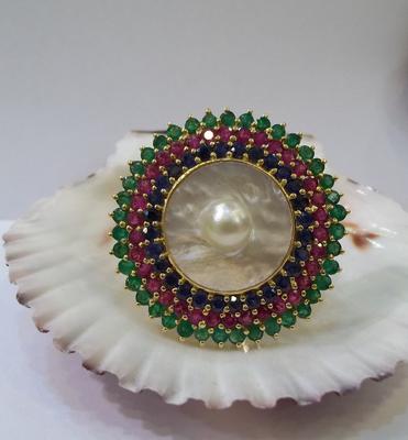 Salt Water Natural Blister Pearl Ring with Ruby, Emerald and Sapphires