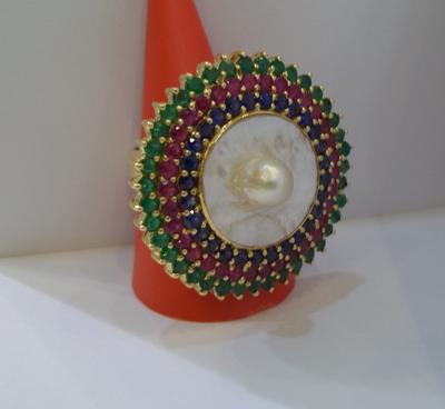 Salt Water Natural Blister Pearl Ring with Ruby, Emerald and Sapphires