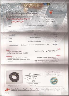 Salt Water Natural Pearl Necklace cetificate