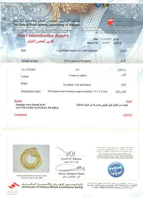 Certificate - Salt Water Natural Pearls & 32.91 Carat